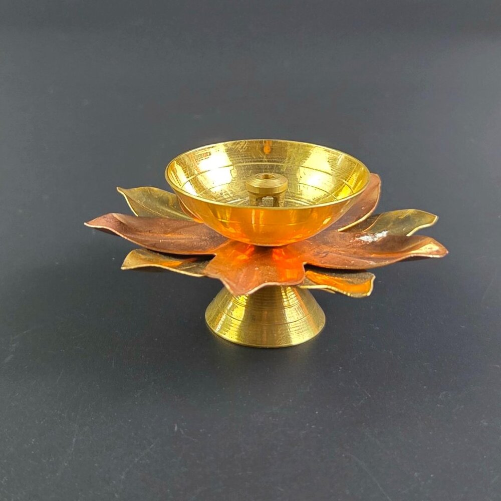 Vintage Brass and Copper Lotus Design Diya – 1.5" Tall, 3" Across